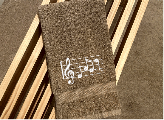 Beige musical notes hand towel - embroidered musical notes -  gift for mom and her music minded family - teachers band members etc. - bathroom or kitchen decor - cotton premium terry towel, soft and absorbent, 16" x 27" - Borgmanns Creations -4