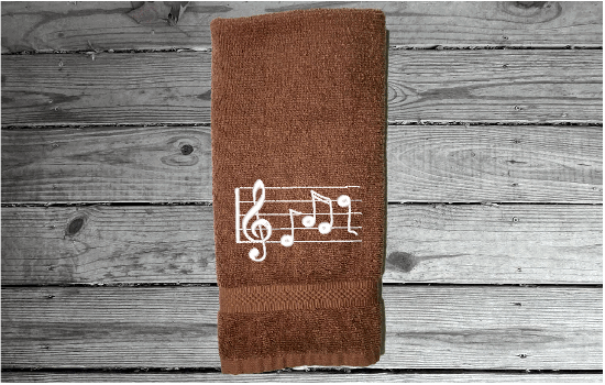 Brown musical notes hand towel - embroidered musical notes -  gift for mom and her music minded family - teachers band members etc. - bathroom or kitchen decor - cotton premium terry towel, soft and absorbent, 16" x 27" - Borgmanns Creations -5