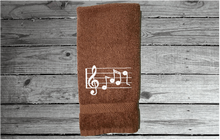 Load image into Gallery viewer, Brown musical notes hand towel - embroidered musical notes -  gift for mom and her music minded family - teachers band members etc. - bathroom or kitchen decor - cotton premium terry towel, soft and absorbent, 16&quot; x 27&quot; - Borgmanns Creations -5
