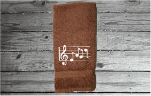 Brown musical notes hand towel - embroidered musical notes -  gift for mom and her music minded family - teachers band members etc. - bathroom or kitchen decor - cotton premium terry towel, soft and absorbent, 16" x 27" - Borgmanns Creations -5