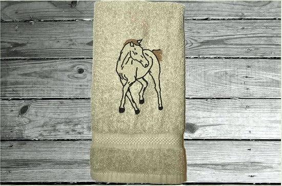 Beige bath hand towel horse lovers gift an embroidered colt for your bathroom decor or kitchen decor. Terry Luxury hand towel soft an absorbent, western home decor. Personalized with name for custom housewarming gift, birthday gift, or work towel in the barn - Borgmanns Creations