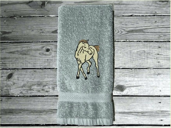 Gray  bath hand towel horse lovers gift an embroidered colt for your bathroom decor or kitchen decor. Terry Luxury hand towel soft an absorbent, western home decor. Personalized with name for custom housewarming gift, birthday gift, or work towel in the barn - Borgmanns Creations