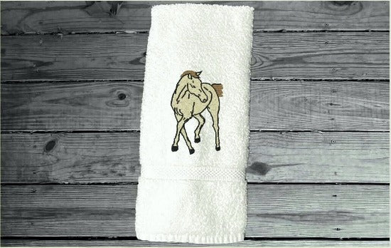 White bath hand towel horse lovers gift an embroidered colt for your bathroom decor or kitchen decor. Terry Luxury hand towel soft an absorbent, western home decor. Personalized with name for custom housewarming gift, birthday gift, or work towel in the barn - Borgmanns Creations