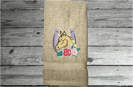Beige hand towel - horseshoe Western decor - embroidered horseshoe with flowers - kitchen gift country living - personalized bath towel - wedding shower - wedding gift new couple - gift for mom - housewarming gift - Borgmanns Creations 2