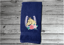 Load image into Gallery viewer, Blue hand towel - horseshoe Western decor - embroidered horseshoe with flowers - kitchen gift country living - personalized bath towel - wedding shower - wedding gift new couple - gift for mom - housewarming gift - Borgmanns Creations 3

