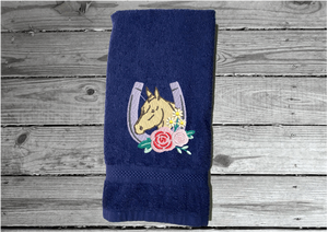 Blue hand towel - horseshoe Western decor - embroidered horseshoe with flowers - kitchen gift country living - personalized bath towel - wedding shower - wedding gift new couple - gift for mom - housewarming gift - Borgmanns Creations 3
