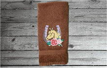 Load image into Gallery viewer, Brown hand towel - horseshoe Western decor - embroidered horseshoe with flowers - kitchen gift country living - personalized bath towel - wedding shower - wedding gift new couple - gift for mom - housewarming gift - Borgmanns Creations 4
