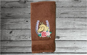 Brown hand towel - horseshoe Western decor - embroidered horseshoe with flowers - kitchen gift country living - personalized bath towel - wedding shower - wedding gift new couple - gift for mom - housewarming gift - Borgmanns Creations 4