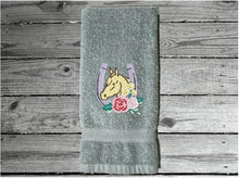 Load image into Gallery viewer, Gray hand towel - horseshoe Western decor - embroidered horseshoe with flowers - kitchen gift country living - personalized bath towel - wedding shower - wedding gift new couple - gift for mom - housewarming gift - Borgmanns Creations 5
