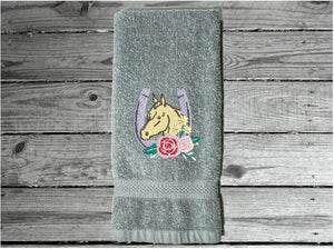 Gray hand towel - horseshoe Western decor - embroidered horseshoe with flowers - kitchen gift country living - personalized bath towel - wedding shower - wedding gift new couple - gift for mom - housewarming gift - Borgmanns Creations 5