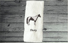 Load image into Gallery viewer, White bath hand towel Luxury terry towel soft an absorbent, western home decor, personalized with name. Horse lovers gift for your bathroom decor or kitchen decor for custom housewarming gift, birthday gift or work towel in the barn - Borgmanns Creations - 1
