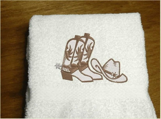 White bath hand towel - embroidered cowboy hat and boots - western decor - personalized gift for bathroom or kitchen. - birthday gift gift for the cowgirl / cowboy in your life - house warming gift - bridal shower gift - personalized wedding set - Borgmanns Creations 2