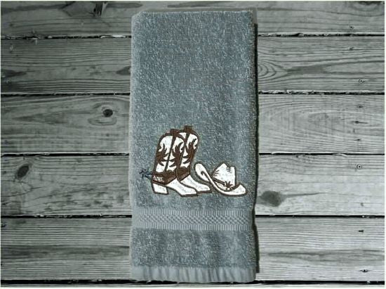 Gray bath hand towel - embroidered cowboy hat and boots - western decor - personalized gift for bathroom or kitchen. - birthday gift gift for the cowgirl / cowboy in your life - house warming gift - bridal shower gift - personalized wedding set - Borgmanns Creations 4