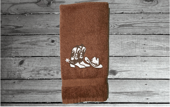 Brown bath hand towel - embroidered cowboy hat and boots - western decor - personalized gift for bathroom or kitchen. - birthday gift gift for the cowgirl / cowboy in your life - house warming gift - bridal shower gift - personalized wedding set - Borgmanns Creations 5