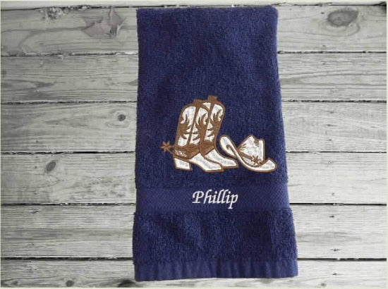 Blue bath hand towel - embroidered cowboy hat and boots - western decor - personalized gift for bathroom or kitchen. - birthday gift gift for the cowgirl / cowboy in your life - house warming gift - bridal shower gift - personalized wedding set - Borgmanns Creations 1