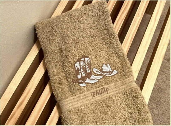 Beige bath hand towel - embroidered cowboy hat and boots - western decor - personalized gift for bathroom or kitchen. - birthday gift gift for the cowgirl / cowboy in your life - house warming gift - bridal shower gift - personalized wedding set - Borgmanns Creations 3