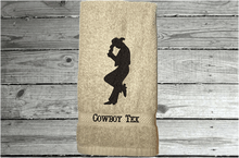 Load image into Gallery viewer, Beige hand towel - embroidered cowboy silhouette - western decor - cowgirl / cowboy gift - personalize it with their name or ranch name -  bathroom or guest bath kitchen or born work towel - Borgmanns Creations 1
