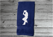Load image into Gallery viewer, Blue hand towel - embroidered cowboy silhouette - western decor - cowgirl / cowboy gift - personalize it with their name or ranch name -  bathroom or guest bath kitchen or born work towel - Borgmanns Creations 2
