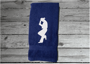 Blue hand towel - embroidered cowboy silhouette - western decor - cowgirl / cowboy gift - personalize it with their name or ranch name -  bathroom or guest bath kitchen or born work towel - Borgmanns Creations 2