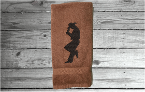 Brown hand towel - embroidered cowboy silhouette - western decor - cowgirl / cowboy gift - personalize it with their name or ranch name -  bathroom or guest bath kitchen or born work towel - Borgmanns Creations 3