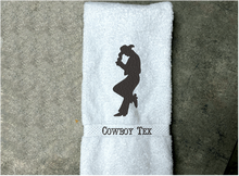 Load image into Gallery viewer, White hand towel - embroidered cowboy silhouette - western decor - cowgirl / cowboy gift - personalize it with their name or ranch name -  bathroom or guest bath kitchen or born work towel - Borgmanns Creations 5
