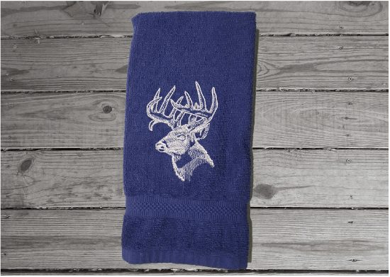 Blue Deer head hand towel, beautiful design to set off your bathroom or kitchen decor. Embroidered design on a terry towel, 16" x 27", soft and absorbent, personalized gift for the deer hunter you know, a great fall home decor towel or your deer hunter can use it when preparing the deer - 2
