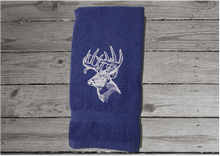 Load image into Gallery viewer, Blue Deer head hand towel, beautiful design to set off your bathroom or kitchen decor. Embroidered design on a terry towel, 16&quot; x 27&quot;, soft and absorbent, personalized gift for the deer hunter you know, a great fall home decor towel or your deer hunter can use it when preparing the deer - 2
