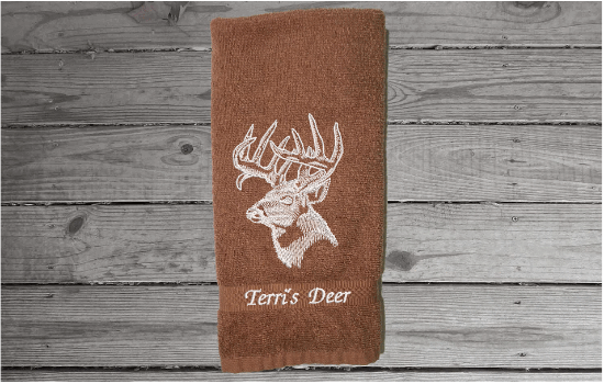 Brown deer head hand towel, beautiful design to set off your bathroom or kitchen decor. Embroidered design on a terry towel, 16" x 27", soft and absorbent, personalized gift for the deer hunter you know, a great fall home decor towel or your deer hunter can use it preparing the deer - 3