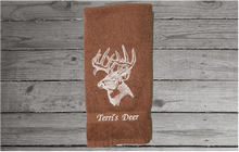 Load image into Gallery viewer, Brown deer head hand towel, beautiful design to set off your bathroom or kitchen decor. Embroidered design on a terry towel, 16&quot; x 27&quot;, soft and absorbent, personalized gift for the deer hunter you know, a great fall home decor towel or your deer hunter can use it preparing the deer - 3
