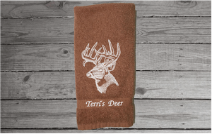 Brown deer head hand towel, beautiful design to set off your bathroom or kitchen decor. Embroidered design on a terry towel, 16" x 27", soft and absorbent, personalized gift for the deer hunter you know, a great fall home decor towel or your deer hunter can use it preparing the deer - 3