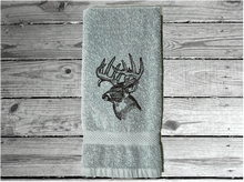 Load image into Gallery viewer, Gray Deer head hand towel, beautiful design to set off your bathroom or kitchen decor. Embroidered design on a terry towel, 16&quot; x 27&quot;, soft and absorbent, personalized gift for the deer hunter you know, a great fall home decor towel or your deer hunter can use it when preparing the deer - 4
