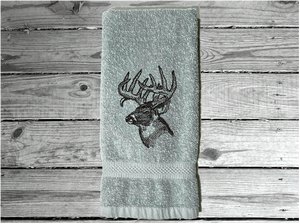 Gray Deer head hand towel, beautiful design to set off your bathroom or kitchen decor. Embroidered design on a terry towel, 16" x 27", soft and absorbent, personalized gift for the deer hunter you know, a great fall home decor towel or your deer hunter can use it when preparing the deer - 4