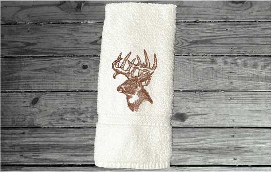 White  Deer head hand towel, beautiful design to set off your bathroom or kitchen decor. Embroidered design on a terry towel, 16" x 27", soft and absorbent, personalized gift for the deer hunter you know, a great fall home decor towel or your deer hunter can use it when preparing the deer - 5
