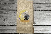 Load image into Gallery viewer, Beige hand towel, beautiful design of a cat watching the moon through the clouds, decorative towel for the bathroom or kitchen to brighten up your Halloween decor. You can personalize it for a gift to a friend or family member. The terry towel, 16&quot; x 27&quot;, is soft and absorbent for any bathroom - Borgmanns Creations - 1
