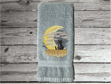 Load image into Gallery viewer, Gray hand towel, beautiful design of a cat watching the moon through the clouds, decorative towel for the bathroom or kitchen to brighten up your Halloween decor. You can personalize it for a gift to a friend or family member. The terry towel, 16&quot; x 27&quot;, is soft and absorbent for any bathroom - Borgmanns Creations - 4

