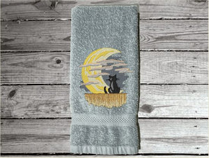Gray hand towel, beautiful design of a cat watching the moon through the clouds, decorative towel for the bathroom or kitchen to brighten up your Halloween decor. You can personalize it for a gift to a friend or family member. The terry towel, 16" x 27", is soft and absorbent for any bathroom - Borgmanns Creations - 4