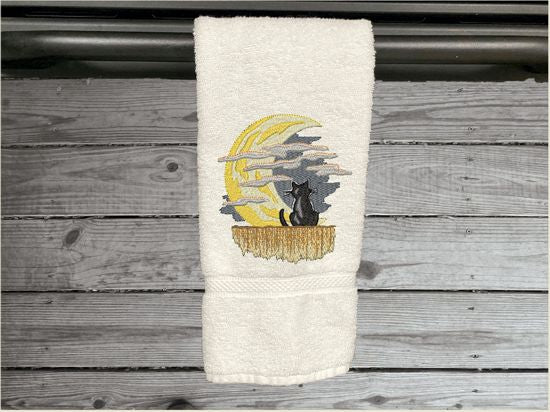 White hand towel, beautiful design of a cat watching the moon through the clouds, decorative towel for the bathroom or kitchen to brighten up your Halloween decor. You can personalize it for a gift to a friend or family member. The terry towel, 16" x 27", is soft and absorbent for any bathroom - Borgmanns Creations - 5
