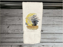 Load image into Gallery viewer, White hand towel, beautiful design of a cat watching the moon through the clouds, decorative towel for the bathroom or kitchen to brighten up your Halloween decor. You can personalize it for a gift to a friend or family member. The terry towel, 16&quot; x 27&quot;, is soft and absorbent for any bathroom - Borgmanns Creations - 5
