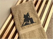 Load image into Gallery viewer, Beige Bath Hand Towel - embroidered country western barrel racer - bathroom / kitchen farmhouse decor - work towel - bar towel - kids room cowgirl gift - shower gift - birthday - hostess gift - Borgmanns Creations 3
