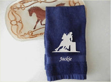 Load image into Gallery viewer, Blue Bath Hand Towel - embroidered country western barrel racer - bathroom / kitchen farmhouse decor - work towel - bar towel - kids room cowgirl gift - shower gift - birthday - hostess gift - Borgmanns Creations 1
