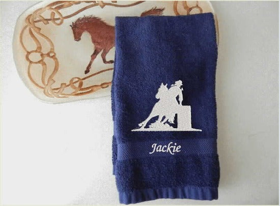 Blue Bath Hand Towel - embroidered country western barrel racer - bathroom / kitchen farmhouse decor - work towel - bar towel - kids room cowgirl gift - shower gift - birthday - hostess gift - Borgmanns Creations 1
