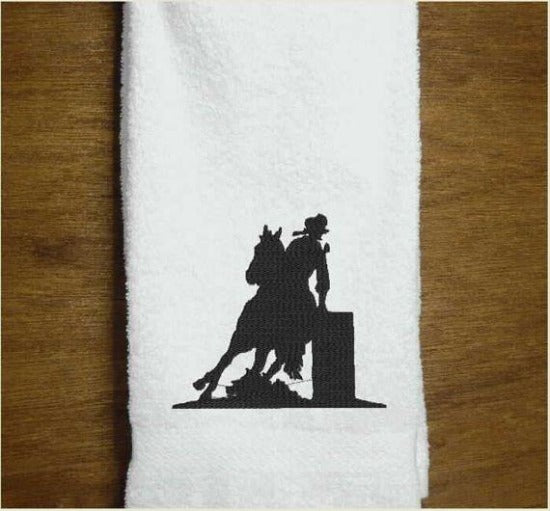 White Bath Hand Towel - embroidered country western barrel racer - bathroom / kitchen farmhouse decor - work towel - bar towel - kids room cowgirl gift - shower gift - birthday - hostess gift - Borgmanns Creations 2