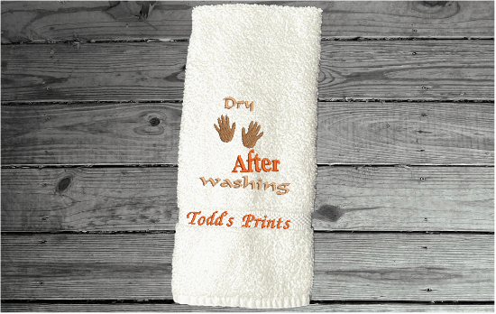 White hand towel - embroidered saying "Dry After Washing" a great way to encourage kids to wash and dry their hands - funny co-worker party gift - home decor bathroom or kitchen hand towel - cotton terry towel premium soft and absorbent 16" x 30" - Borgmanns Creations - 1