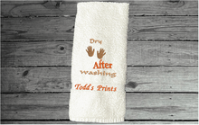 Load image into Gallery viewer, White hand towel - embroidered saying &quot;Dry After Washing&quot; a great way to encourage kids to wash and dry their hands - funny co-worker party gift - home decor bathroom or kitchen hand towel - cotton terry towel premium soft and absorbent 16&quot; x 30&quot; - Borgmanns Creations - 1
