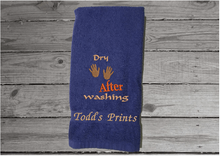 Load image into Gallery viewer, Blue hand towel - embroidered saying &quot;Dry After Washing&quot; a great way to encourage kids to wash and dry their hands - funny co-worker party gift - home decor bathroom or kitchen hand towel - cotton terry towel premium soft and absorbent 16&quot; x 27&quot; - Borgmanns Creations - 4
