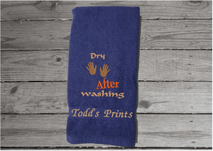 Blue hand towel - embroidered saying "Dry After Washing" a great way to encourage kids to wash and dry their hands - funny co-worker party gift - home decor bathroom or kitchen hand towel - cotton terry towel premium soft and absorbent 16" x 27" - Borgmanns Creations - 4