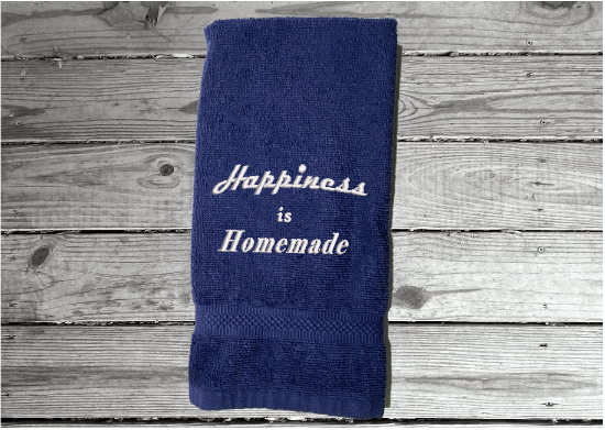Blue hand towel - Happiness is Homemade embroidered saying on a premium soft and absorbent towel for your kitchen decor -  the perfect gift for a friend - the towel can be personalized with your choice of thread color - cotton terry towel premium soft and absorbent app. 16" x 27" - Borgmanns Creations - 1