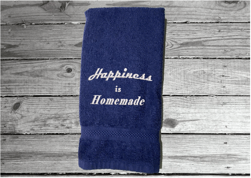 Blue hand towel - Happiness is Homemade embroidered saying on a premium soft and absorbent towel for your kitchen decor -  the perfect gift for a friend - the towel can be personalized with your choice of thread color - cotton terry towel premium soft and absorbent app. 16