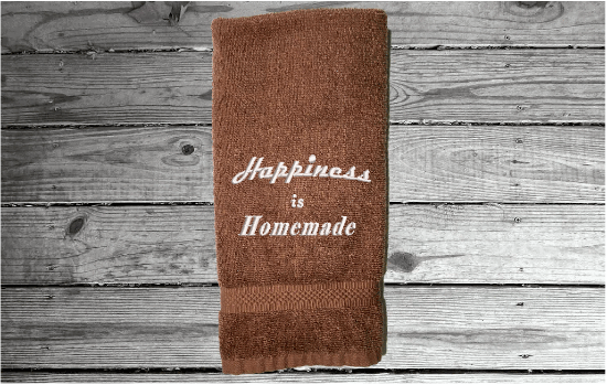 Brown hand towel - Happiness is Homemade embroidered saying on a premium soft and absorbent towel for your kitchen decor -  the perfect gift for a friend - the towel can be personalized with your choice of thread color - cotton terry towel premium soft and absorbent app. 16" x 27" - Borgmanns Creations - 2