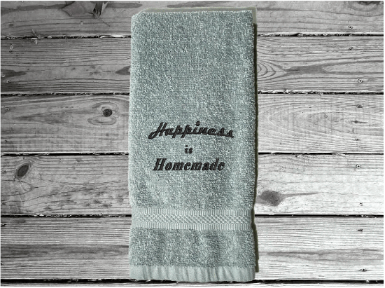 Gray hand towel - Happiness is Homemade embroidered saying on a premium soft and absorbent towel for your kitchen decor -  the perfect gift for a friend - the towel can be personalized with your choice of thread color - cotton terry towel premium soft and absorbent app. 16" x 27" - Borgmanns Creations - 3